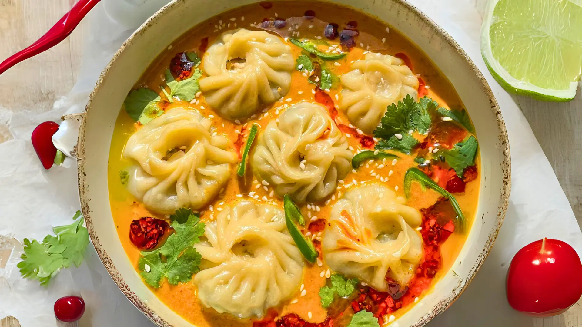 jhol momo with sesame seeds